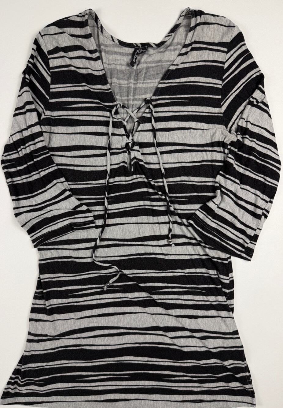 Portocruz Women's Striped Lace Up Tunic Top Gray Black Long Sleeve Size L